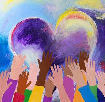 Raised hands of multicultural group, love, unity, equality. Abstract acrylic on canvas and digital hand painting. My own work.