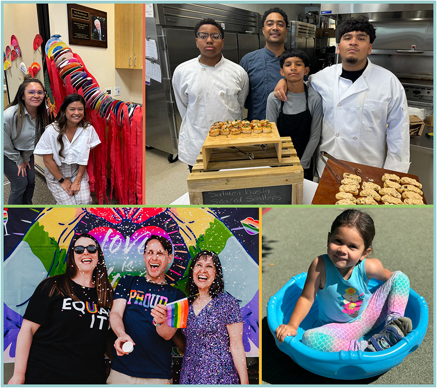 Collage of NCOE employee, little girl in pool, and cooking class