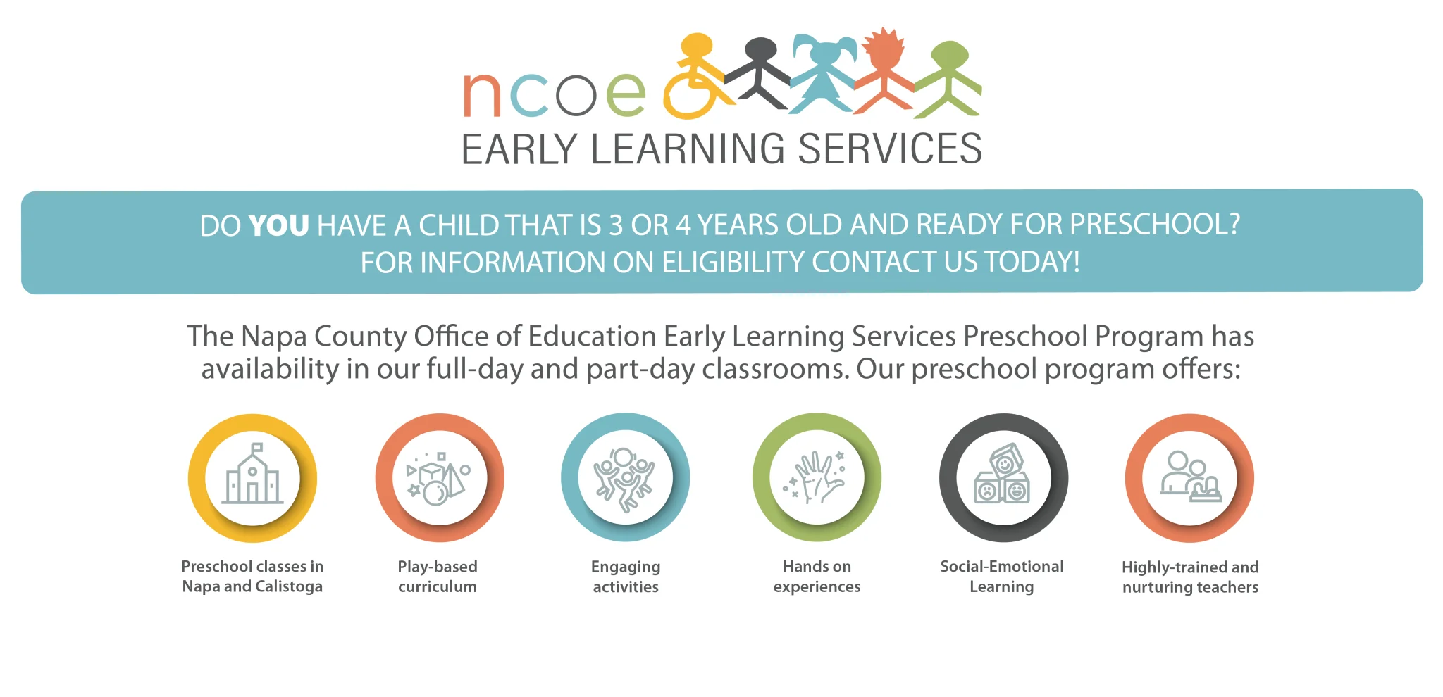 NCOE Early Learning Services. Do you have a child that is 3 or 4 years old and ready for preschool? For information on eligibility contact us today!